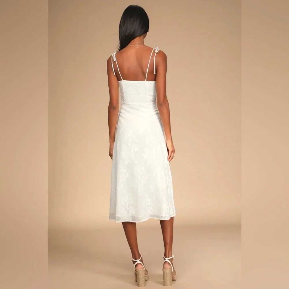 Lulus Loveliest Looks White Floral Jacquard Tie-Strap Midi Dress - Picture 4 of 8